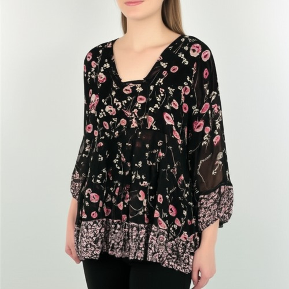 KNOX ROSE Black Multi Floral Print V-Neck 3/4 Sleeve Boho Flowy Top Size‎ Large